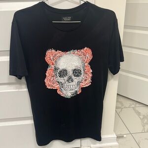 Zara Black T-Shirt with Skull and Floral Design